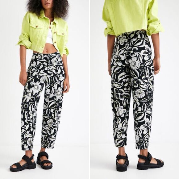 Desigual Pants - Desigual floral Print Trousers Black White S Lined Pockets Barrel leg Tapered